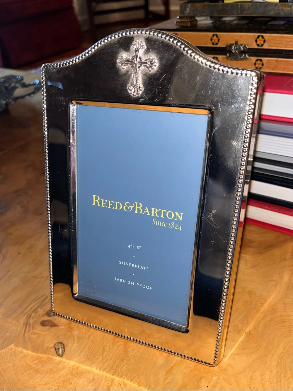 Reed & Barton Silverplate Beaded 4x6 Frame with Cross Accent